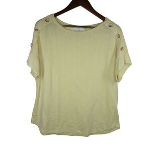 French Laundry Knit Top Womens Size L  Blouse‎ Yellow White Stripe Button Accent